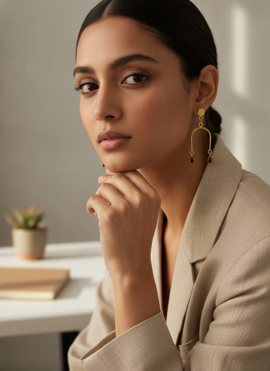Gold Plated Contemporary Arch Drop Earrings with Ruby Red Teardrop Stones - MVJPERGD207