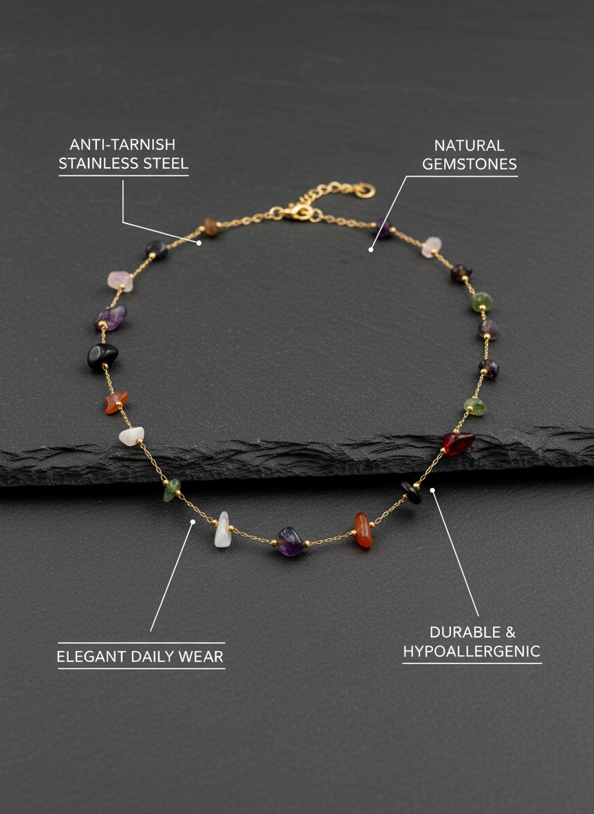 Multi Color Natural Stone Gold Plated Necklace for Women and Girls - MVANNKGD157