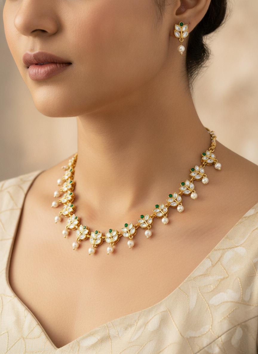 Gold Plated Green and White Stone Jewelry Set with Pearl Droplets - MVJPSTGD205