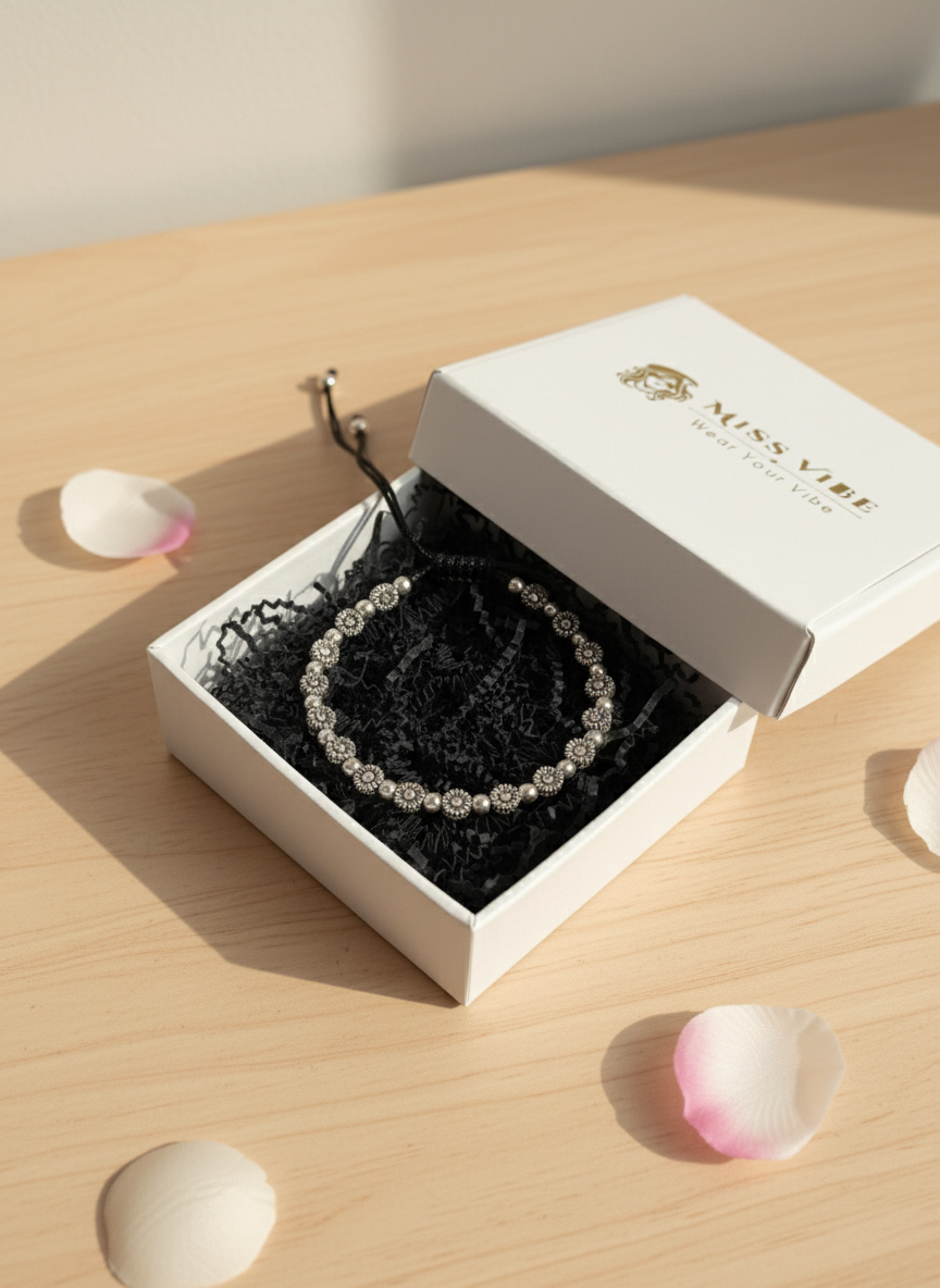 Silver Oxidised Floral Black Thread Anklet for Women and Girls - MVDRAKSR193