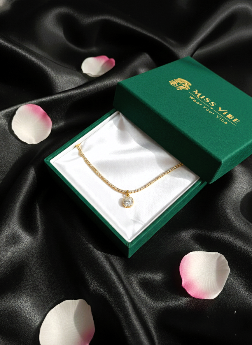 Gold Plated CZ Stone Studded Tennis Chain Necklace with ROUND  Pendant Women - MVANNKGD158