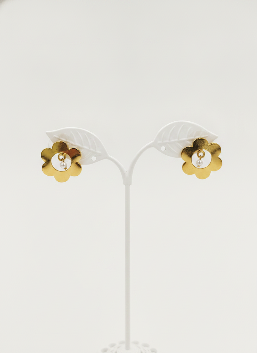 Gold Plated Flower Stud Earrings with Dangling Pearl for Women and Girls - MVJPERGD209