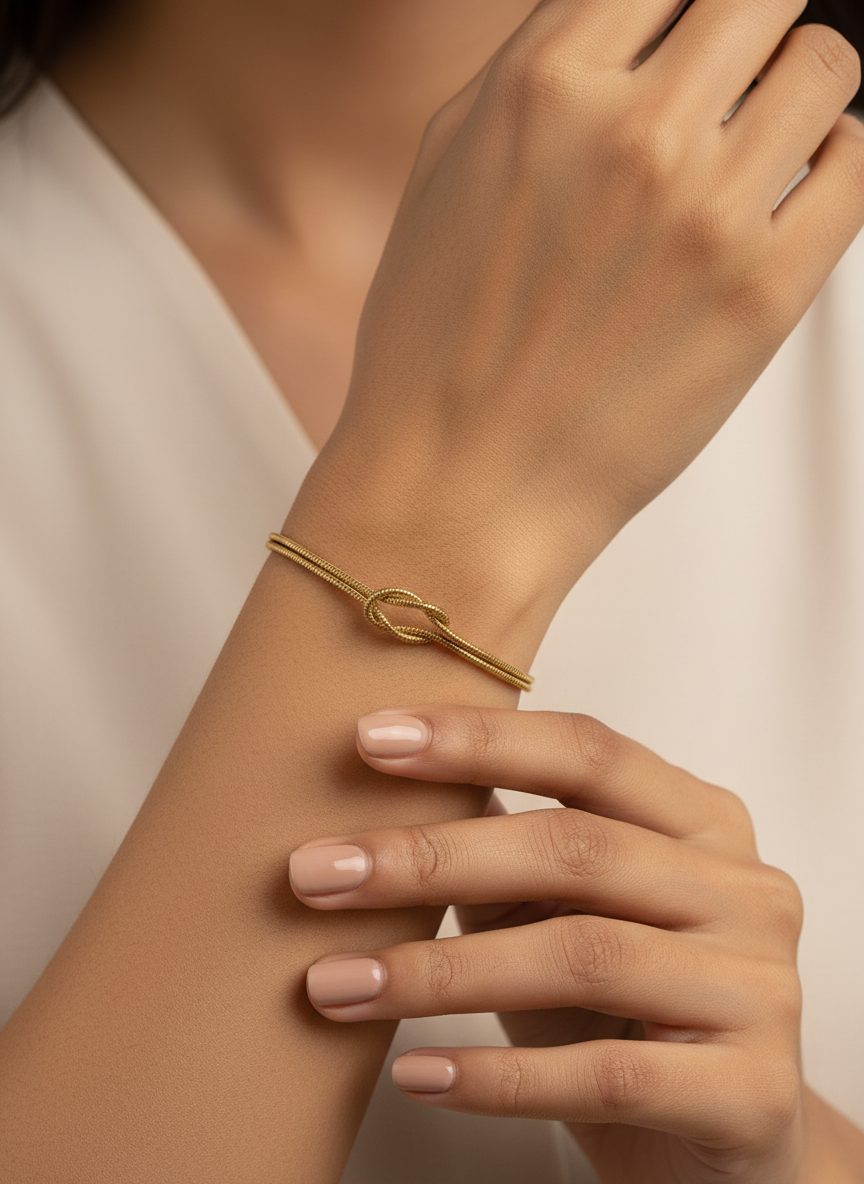 Women Gold Plated Double Strand Snake Chain Love Knot Bracelet for Girls - MVKMBRGD168