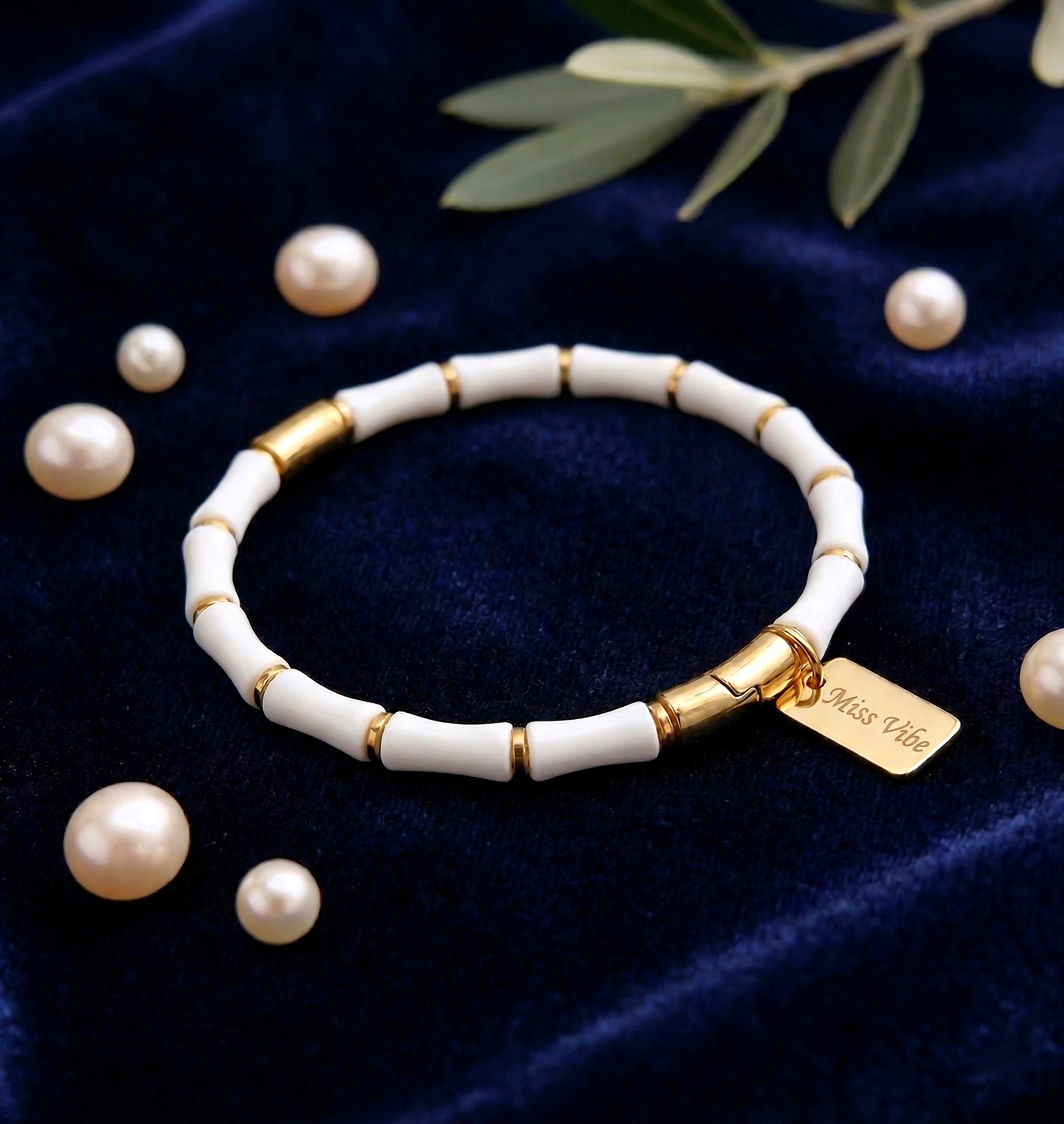 Elegant White Bamboo Bangle Bracelet for Young Teen Girls Gold Tone Accents - MVNFBRGD184