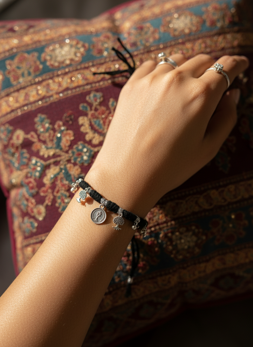 Combo of 2 Oxidized Silver Charm Black Thread Bracelets for Women and Girls - MVCMBRGD174