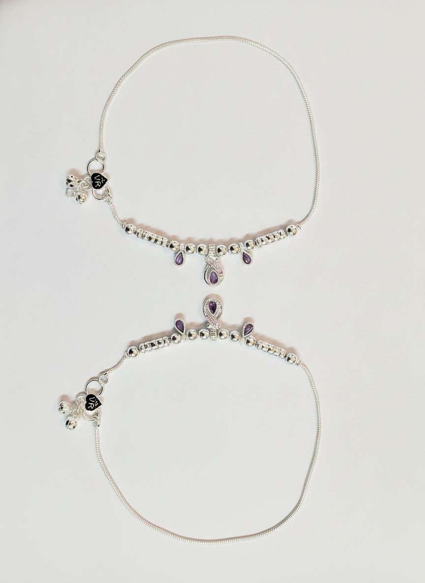 Silver Plated Purple Stone Anklet Pair for Women and Girls Payal - MVDRAKSR197