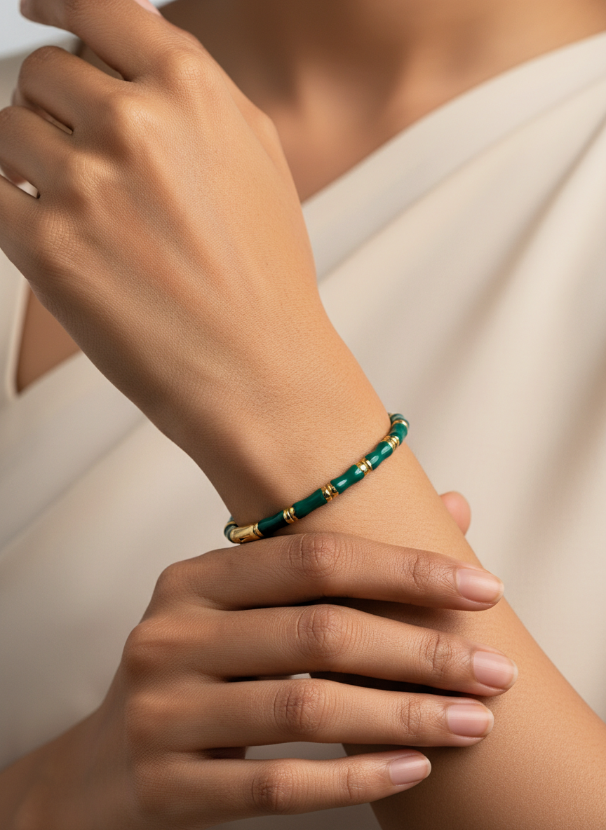Elegant Green Bamboo Bangle Bracelet – Gold-Tone Plated Enamel Segmented Cuff – Nature-Inspired Modern Jewelry for Women – Traditional Designer Style Statement Piece (SKU: MVHSBRGD142) - MVHSBRGD142