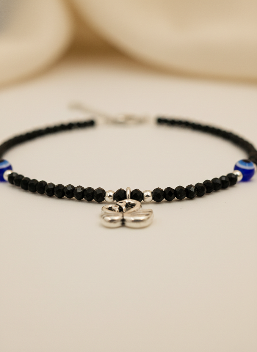 Tending Black Bead Anklet for Girls & Women |Evil Eye Protection | Silver Swan - MVDRAKSR105