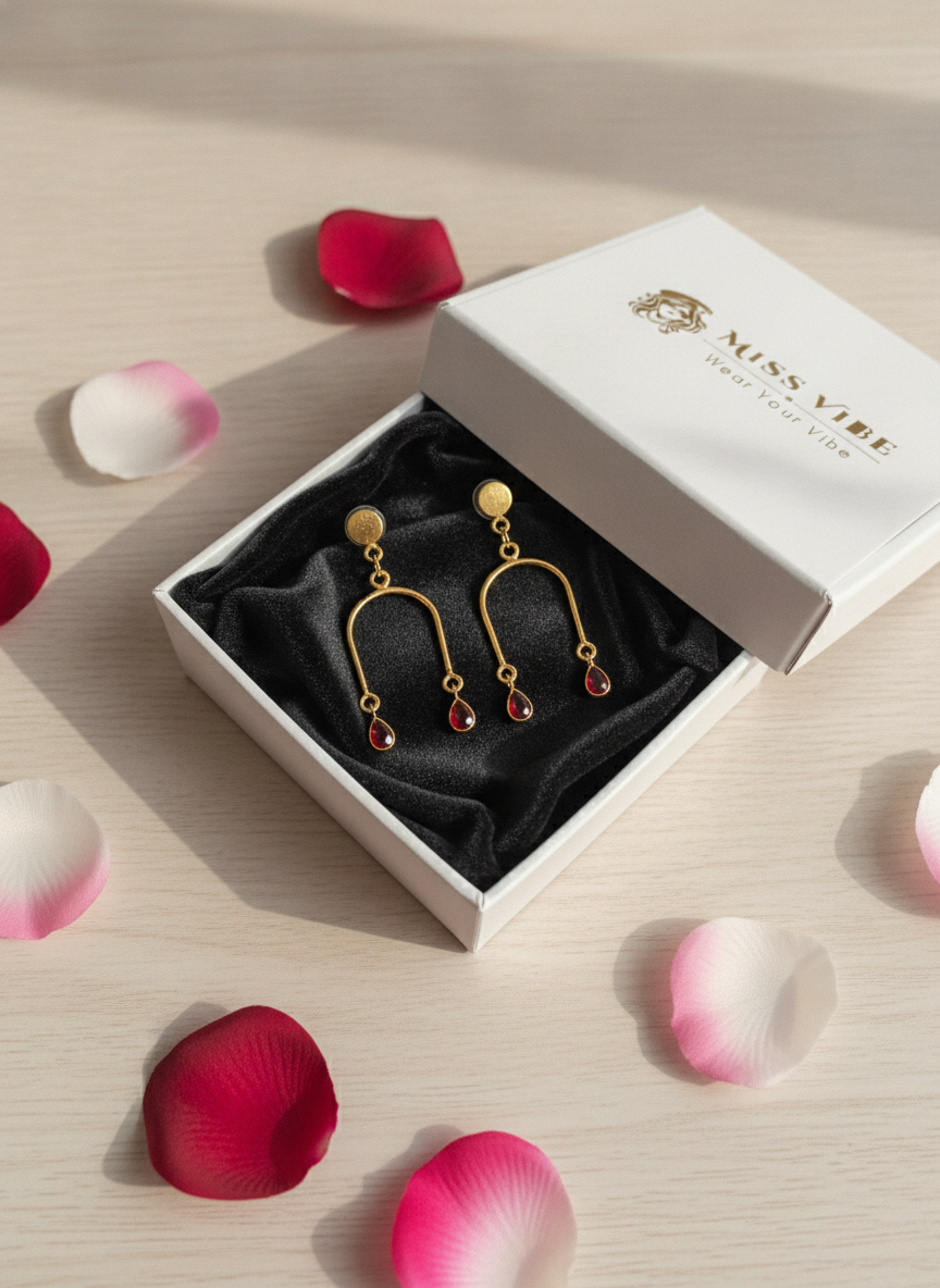Gold Plated Contemporary Arch Drop Earrings with Ruby Red Teardrop Stones - MVJPERGD207