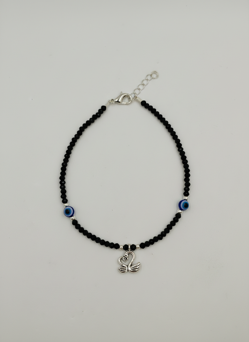 Tending Black Bead Anklet for Girls & Women |Evil Eye Protection | Silver Swan - MVDRAKSR105