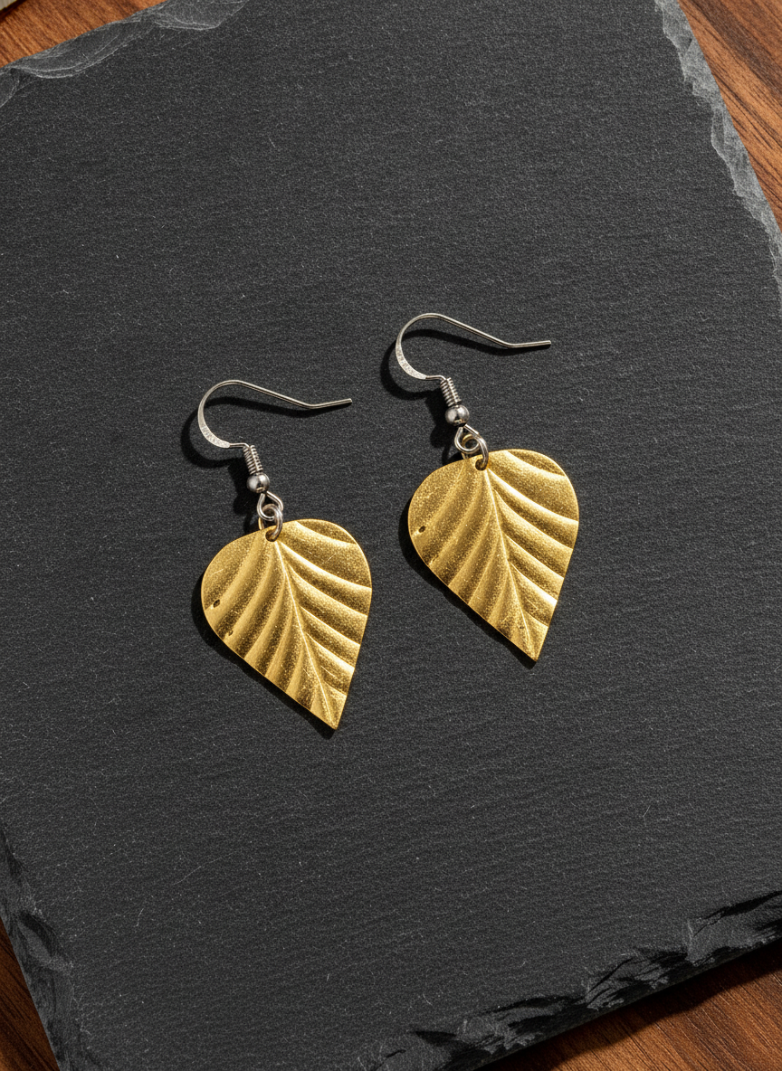 MVJ Gold Plated Textured Leaf Drop Earrings for Women and Girls - MVJPERGD211