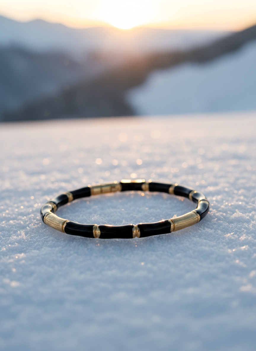 _80: Women Gold Plated Black Bamboo Segmented Bracelet Contemporary Bangle Jewelry - MVHSBRGD140