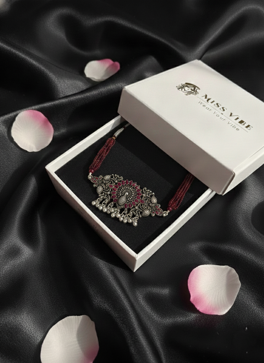Oxidized Silver Maroon Beaded Peacock Choker Necklace Traditional Jewelry Set - MVJPSTSR206
