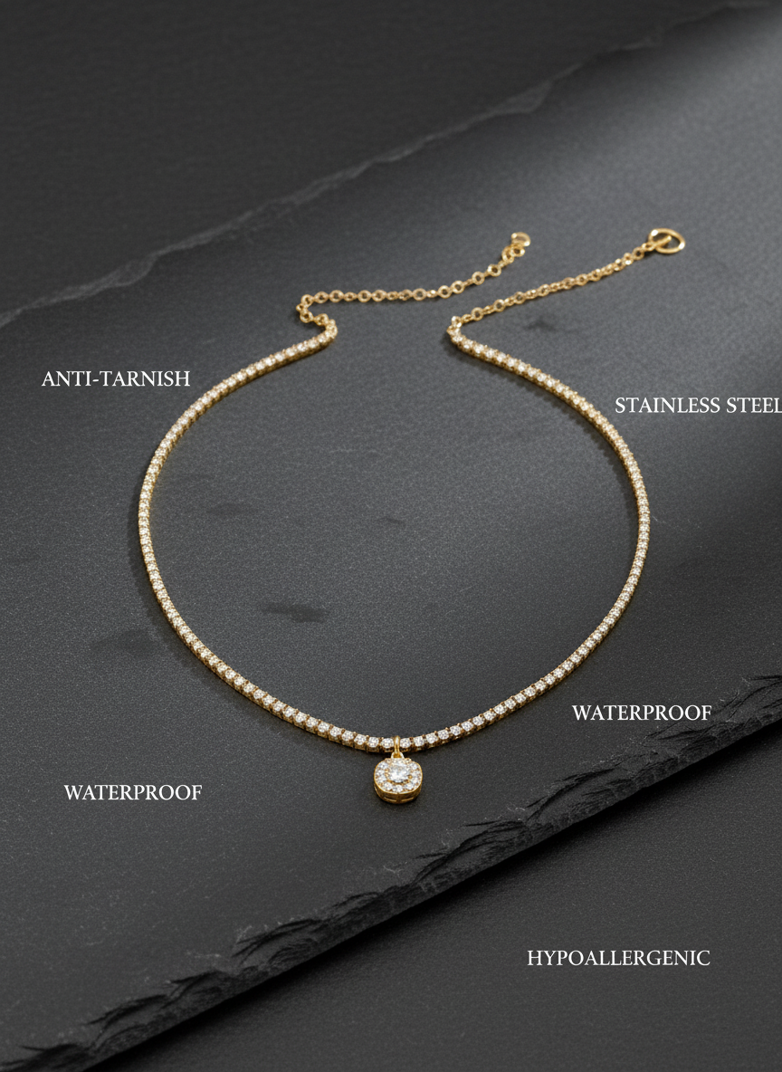 Gold Plated CZ Stone Studded Tennis Chain Necklace with ROUND  Pendant Women - MVANNKGD158