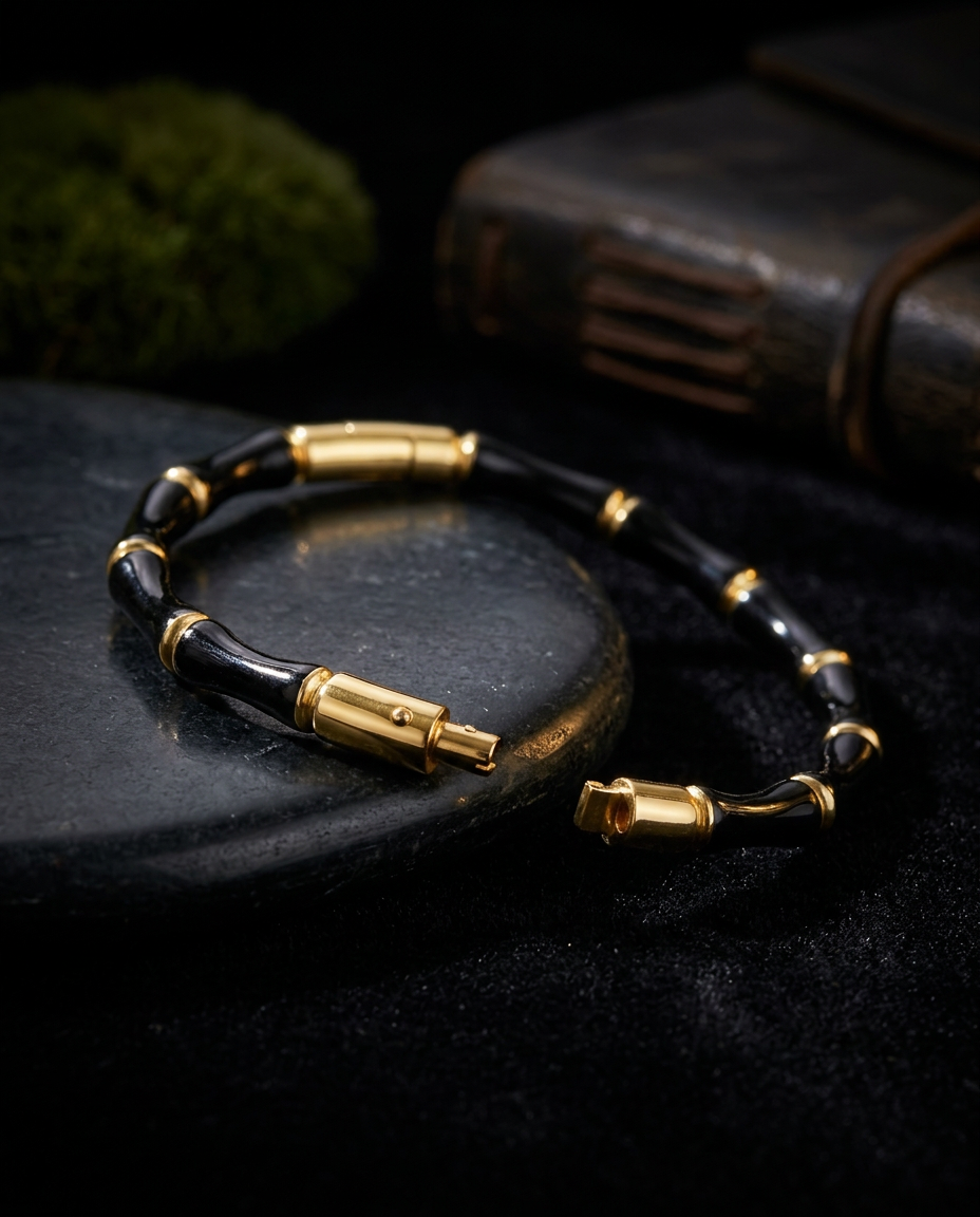 _80: Women Gold Plated Black Bamboo Segmented Bracelet Contemporary Bangle Jewelry - MVHSBRGD140