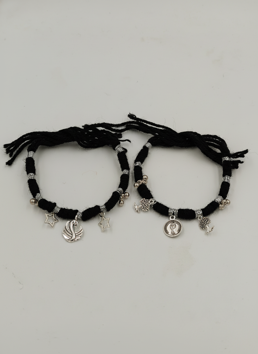 Combo of 2 Oxidized Silver Charm Black Thread Bracelets for Women and Girls - MVCMBRGD174