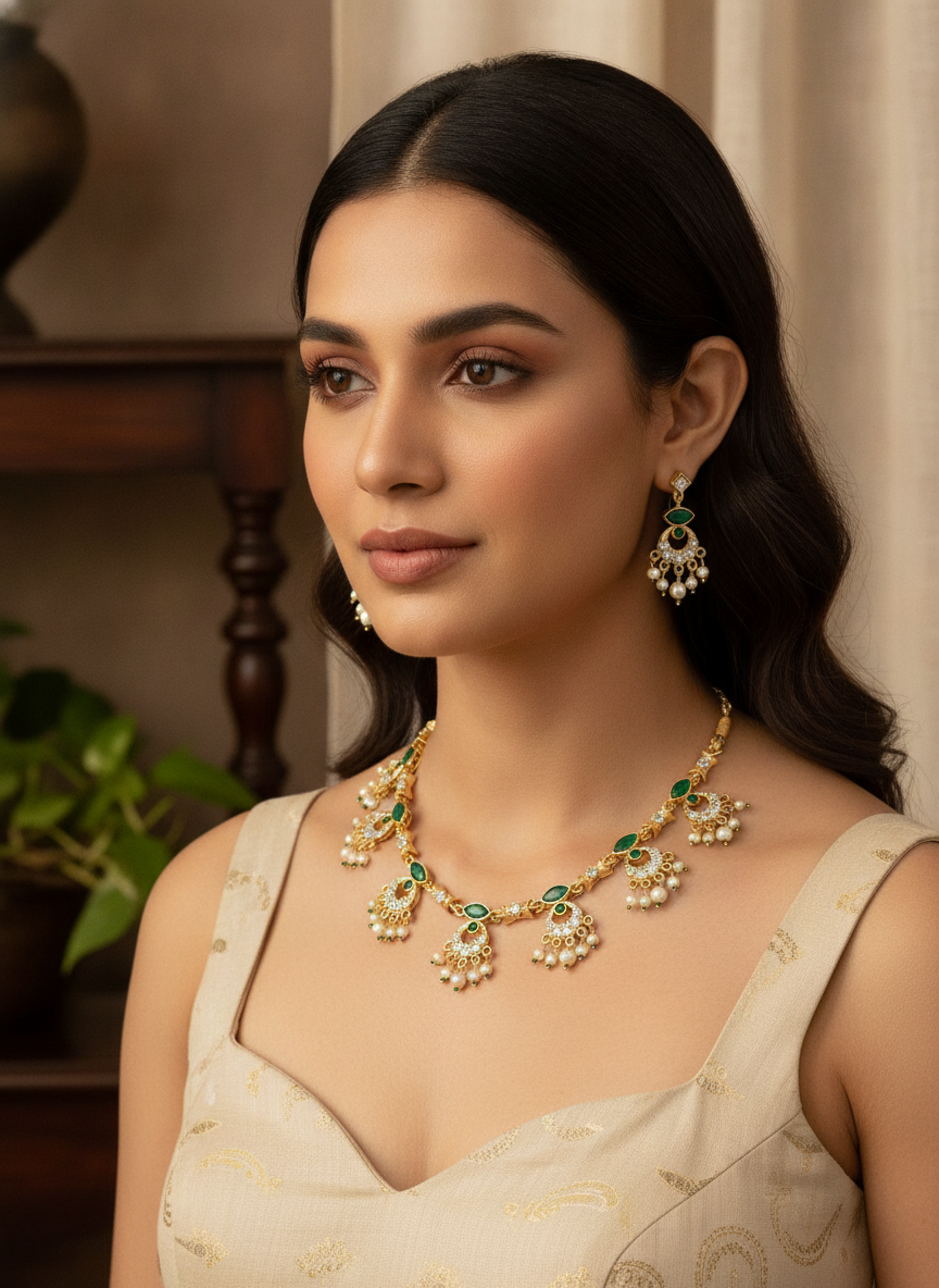 Gold Plated Green Stone and Pearl Necklace Jewelry Set for Women - MVJPSTGD204