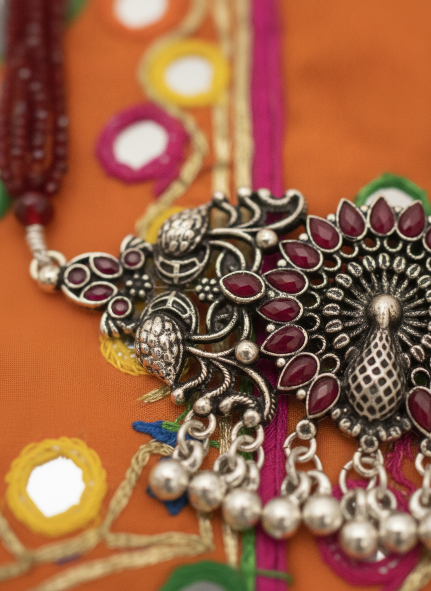 Oxidized Silver Maroon Beaded Peacock Choker Necklace Traditional Jewelry Set - MVJPSTSR206