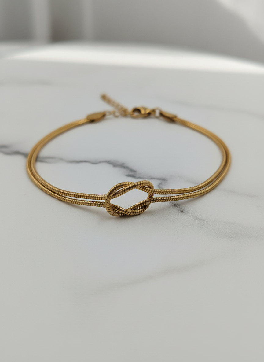 Women Gold Plated Double Strand Snake Chain Love Knot Bracelet for Girls - MVKMBRGD168