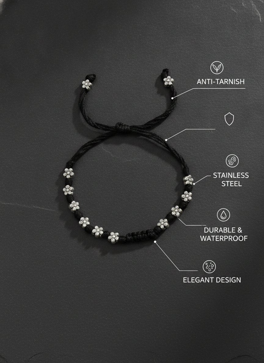 Black Thread Floral Bracelet with Silver Oxidised Beads for Women and Girls - MVJPBRSR203