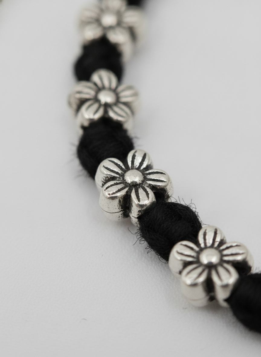 Black Thread Floral Bracelet with Silver Oxidised Beads for Women and Girls - MVJPBRSR203