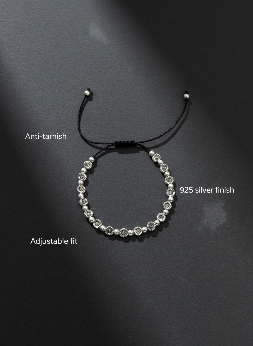 Silver Oxidised Floral Black Thread Anklet for Women and Girls - MVDRAKSR193