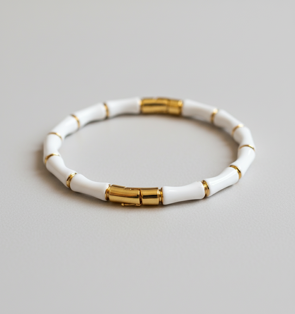 Elegant White Bamboo Bangle Bracelet for Young Teen Girls Gold Tone Accents - MVNFBRGD184
