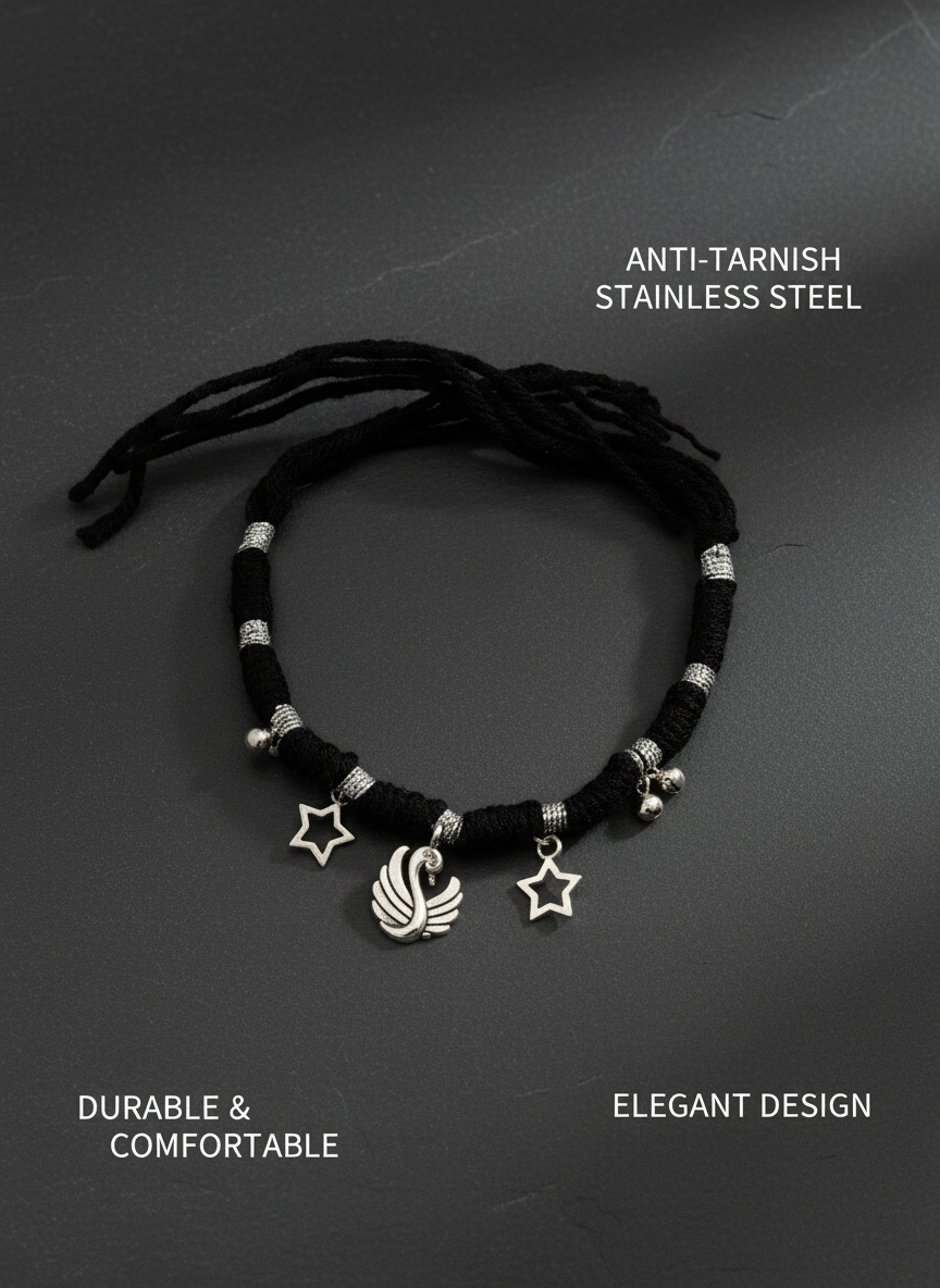 Women Black Thread Charm Bracelet with Oxidized Silver Swan and Star Charms - MVDRBRGD173