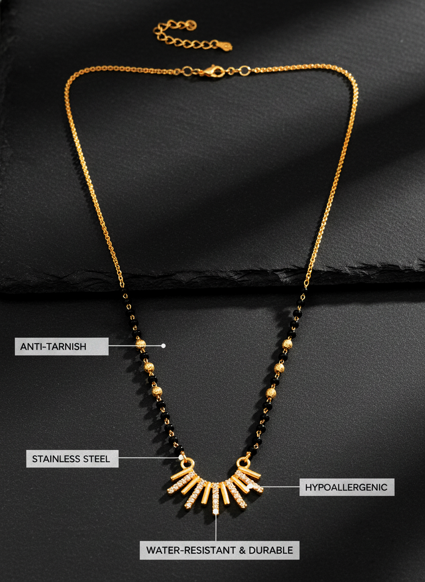 Gold Plated Stone Studded Sunburst Mangalsutra for Women with Black Beads - MVMFMSGD178