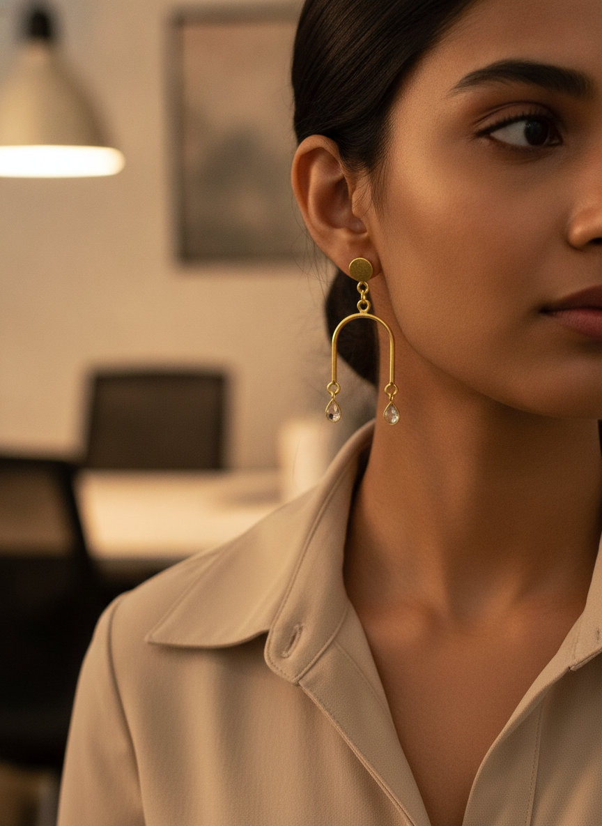 Elegant Gold Plated Arch Drop Earrings with Clear Teardrop Stones for Women - MVJPERGD208