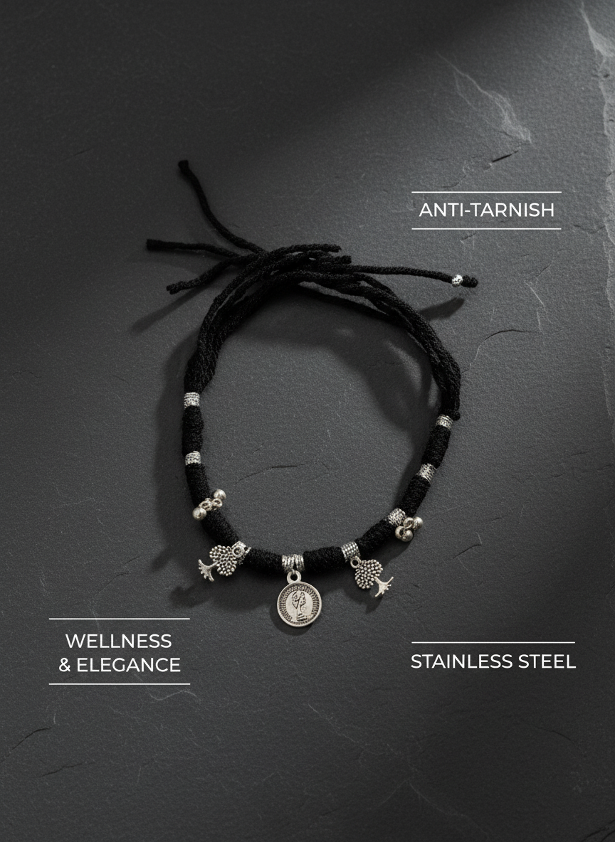 Silver Oxidised Black Thread Ring Bracelet for Women Boho Tribal Hathphool - MVDRBRGD172