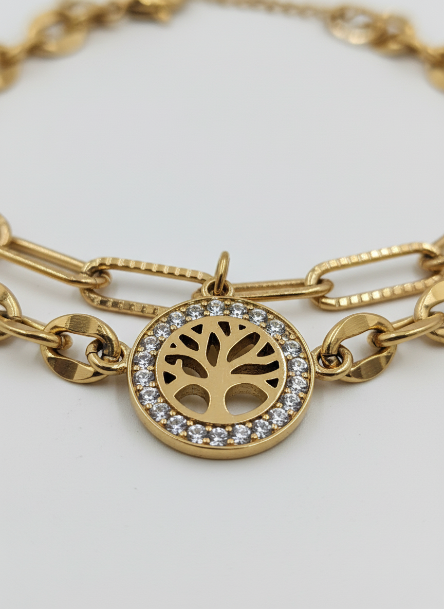 Gold Plated Tree of Life Triple Layered Charm Bracelet for Women and Girls - MVNFBRGD175