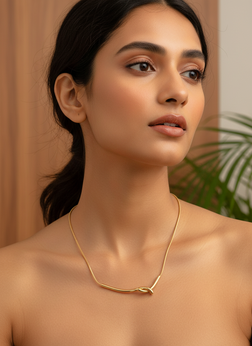 Gold Plated Knotted Bar Snake Chain Necklace for Women and Girls - MVANNKGD160