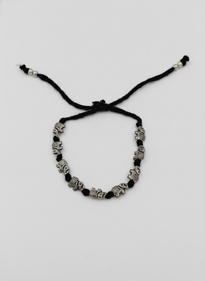 Silver Oxidised Elephant Black Thread Adjustable Bracelet for Women and Men - MVJPBRSR200