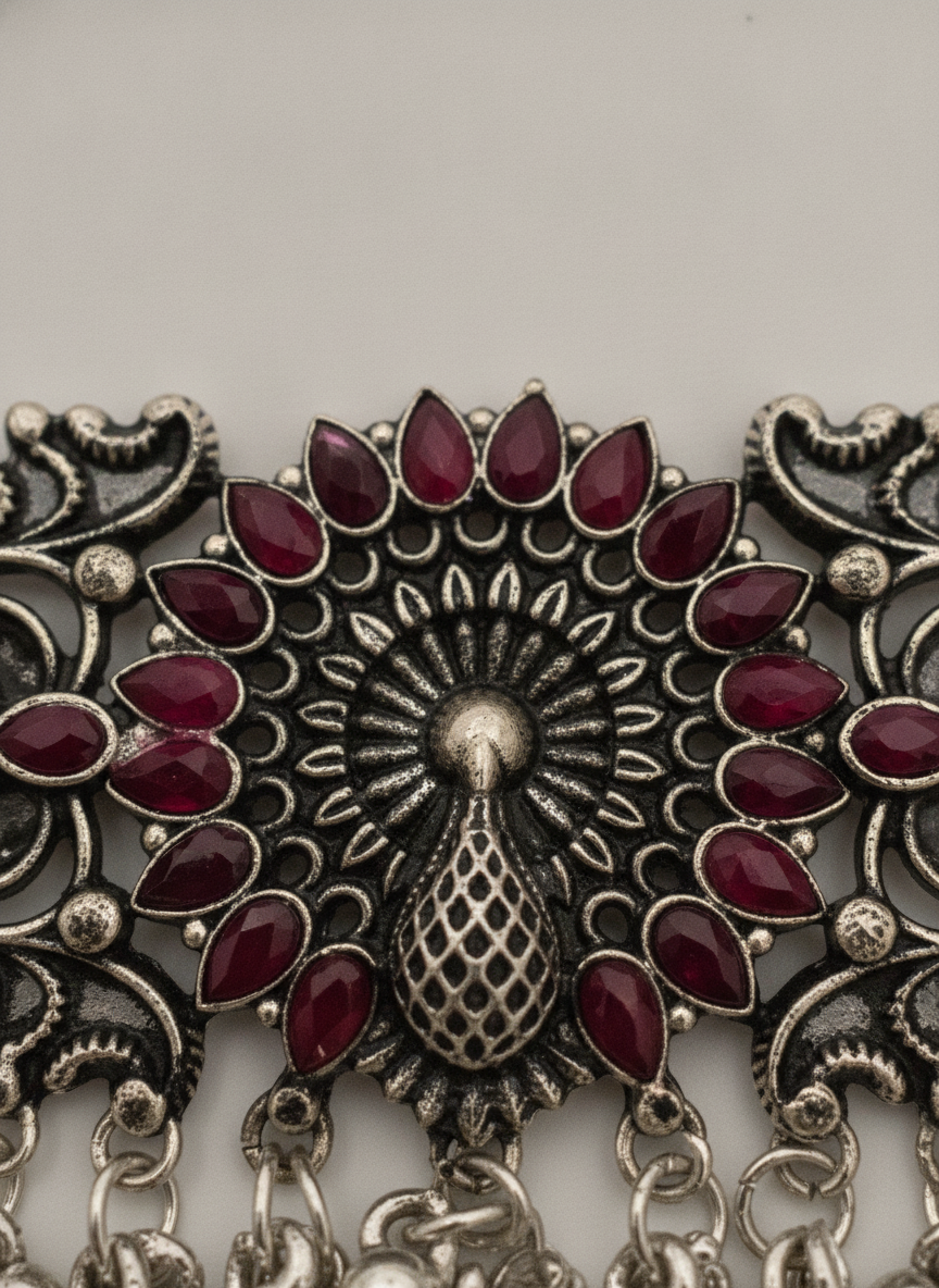 Oxidized Silver Maroon Beaded Peacock Choker Necklace Traditional Jewelry Set - MVJPSTSR206