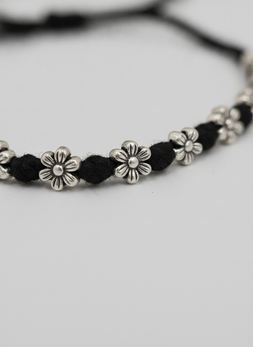 Black Thread Floral Bracelet with Silver Oxidised Beads for Women and Girls - MVJPBRSR203