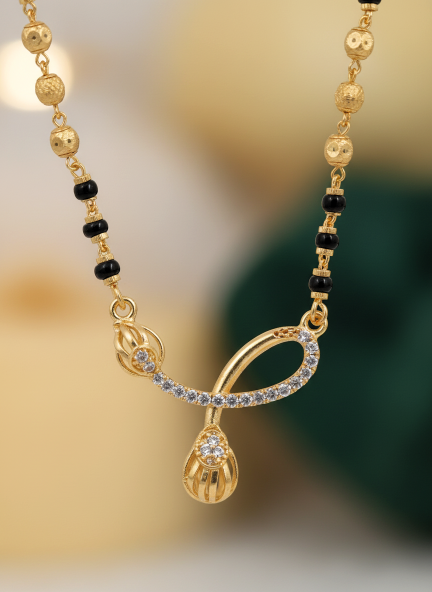 Elegant Gold Plated Mangalsutra for Women with CZ Studded Pendant and Black Beads - MVMFMSGD179