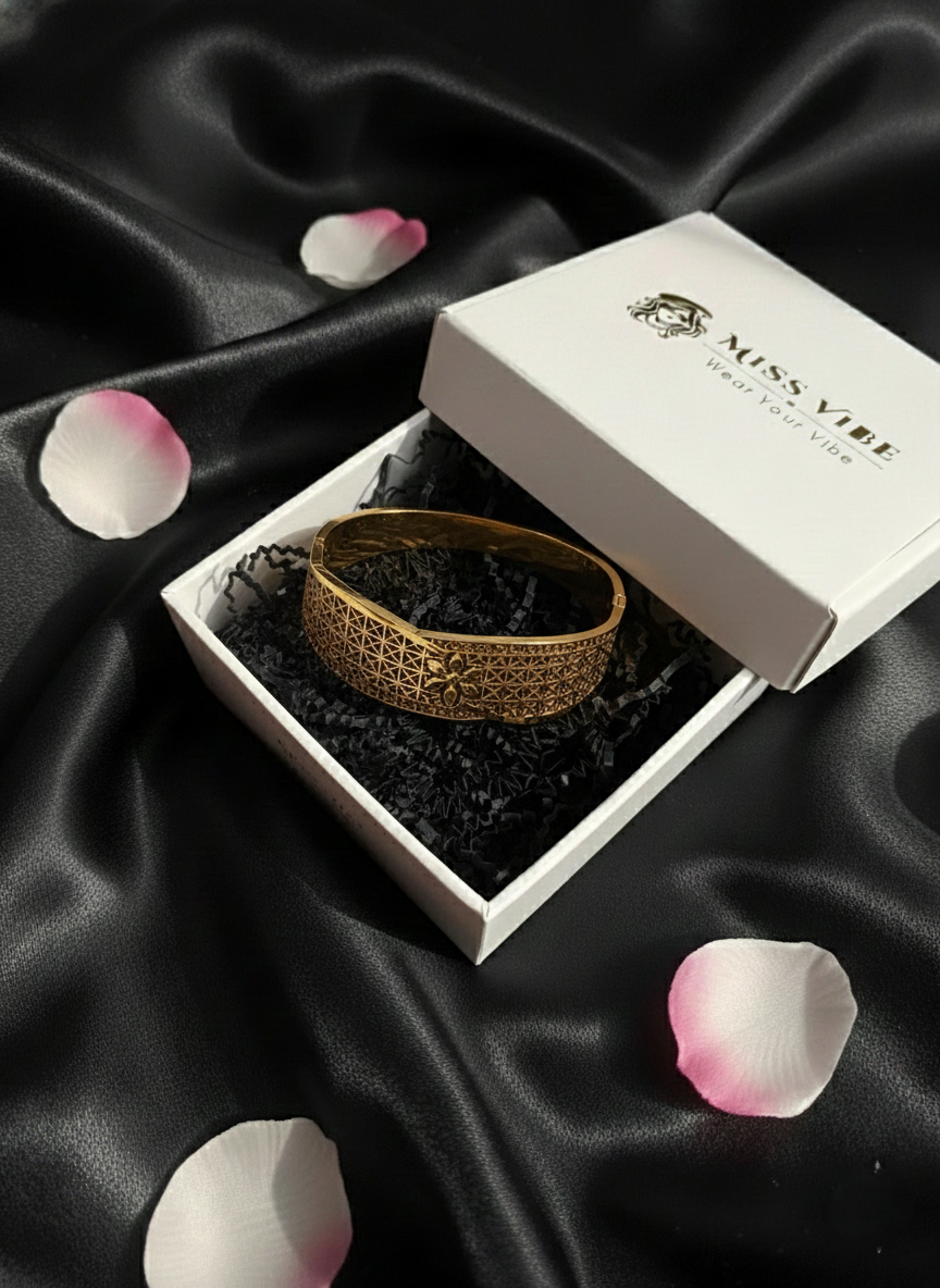 Elegant Gold Plated Floral Filigree Kada Bracelet for Women and Girls - MVNFBRGD171