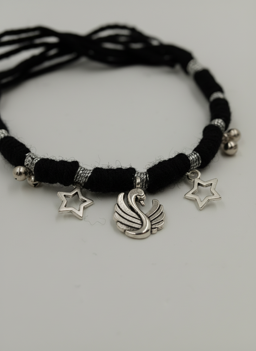 Women Black Thread Charm Bracelet with Oxidized Silver Swan and Star Charms - MVDRBRGD173