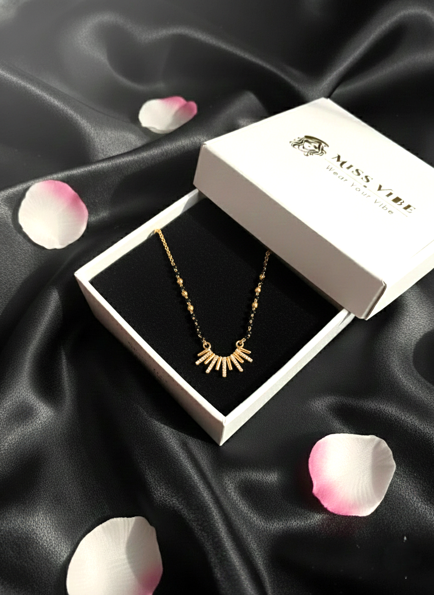 Gold Plated Stone Studded Sunburst Mangalsutra for Women with Black Beads - MVMFMSGD178