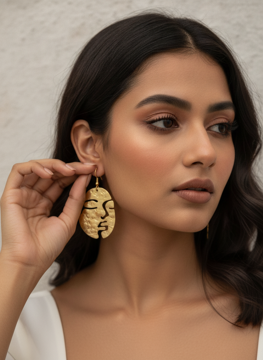 Gold Plated Abstract Face Silhouette Statement Drop Earrings for Women - MVJPERGD210