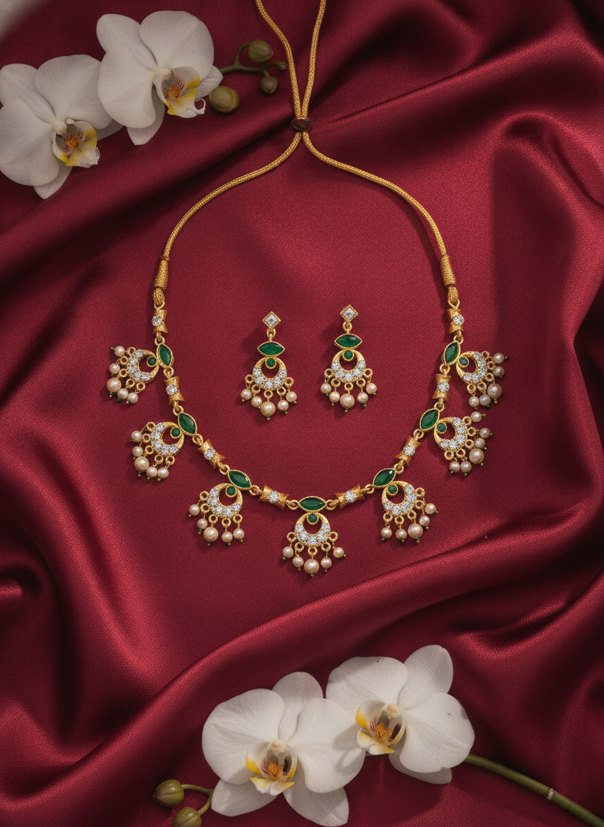 Gold Plated Green Stone and Pearl Necklace Jewelry Set for Women - MVJPSTGD204