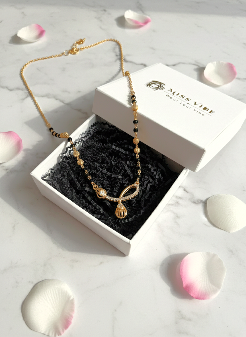 Elegant Gold Plated Mangalsutra for Women with CZ Studded Pendant and Black Beads - MVMFMSGD179