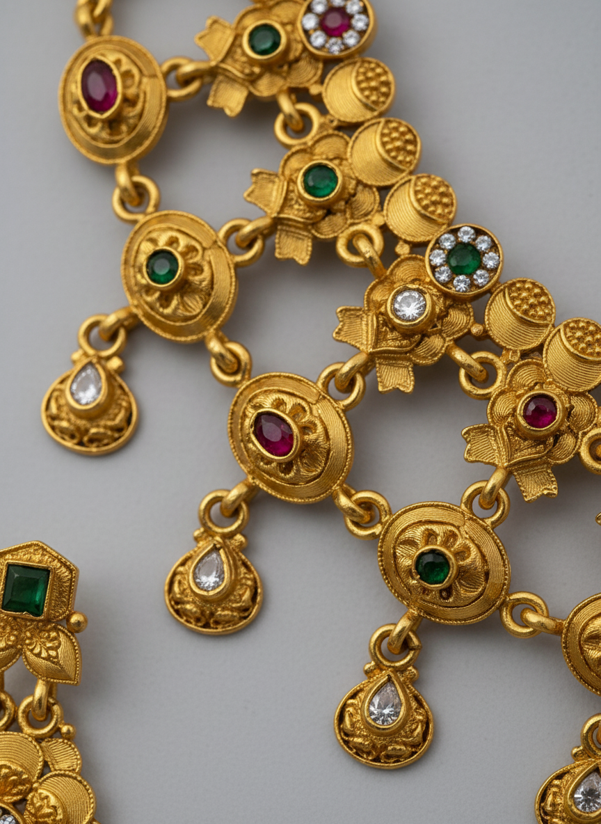 Ethnic Gold Plated Matte Necklace Set with Earrings and Maang Tikka for Women - MVMMSTGD185
