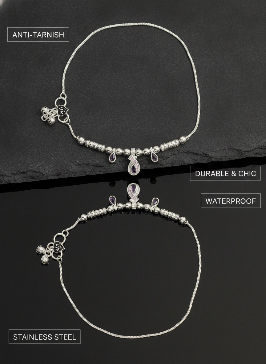 Silver Plated Purple Stone Anklet Pair for Women and Girls Payal - MVDRAKSR197