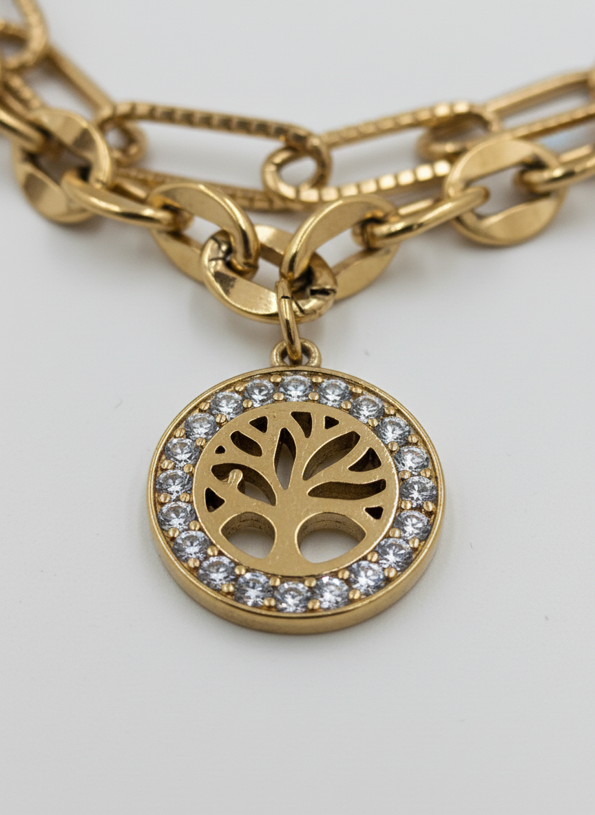 Gold Plated Tree of Life Triple Layered Charm Bracelet for Women and Girls - MVNFBRGD175