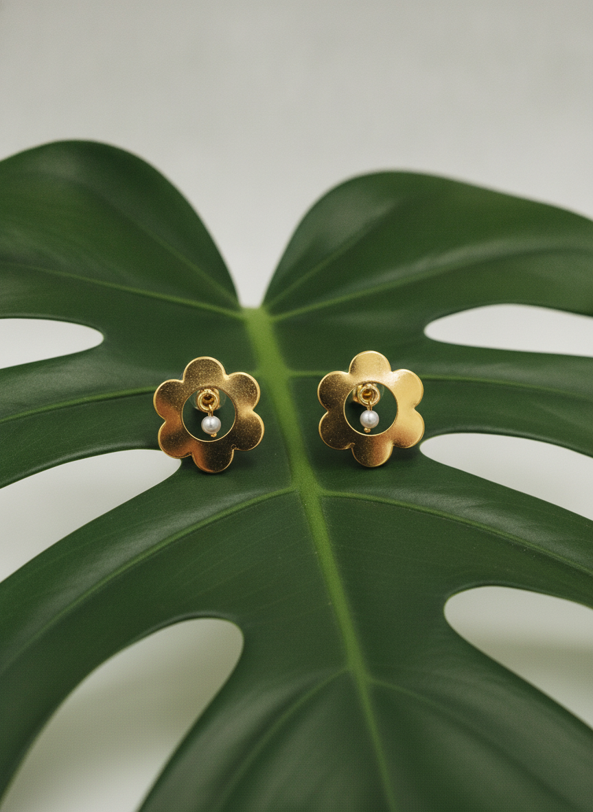 Gold Plated Flower Stud Earrings with Dangling Pearl for Women and Girls - MVJPERGD209