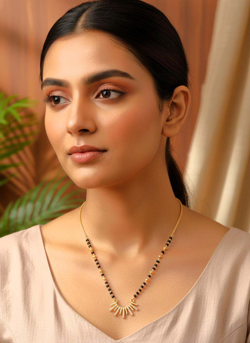 Gold Plated Stone Studded Sunburst Mangalsutra for Women with Black Beads - MVMFMSGD178