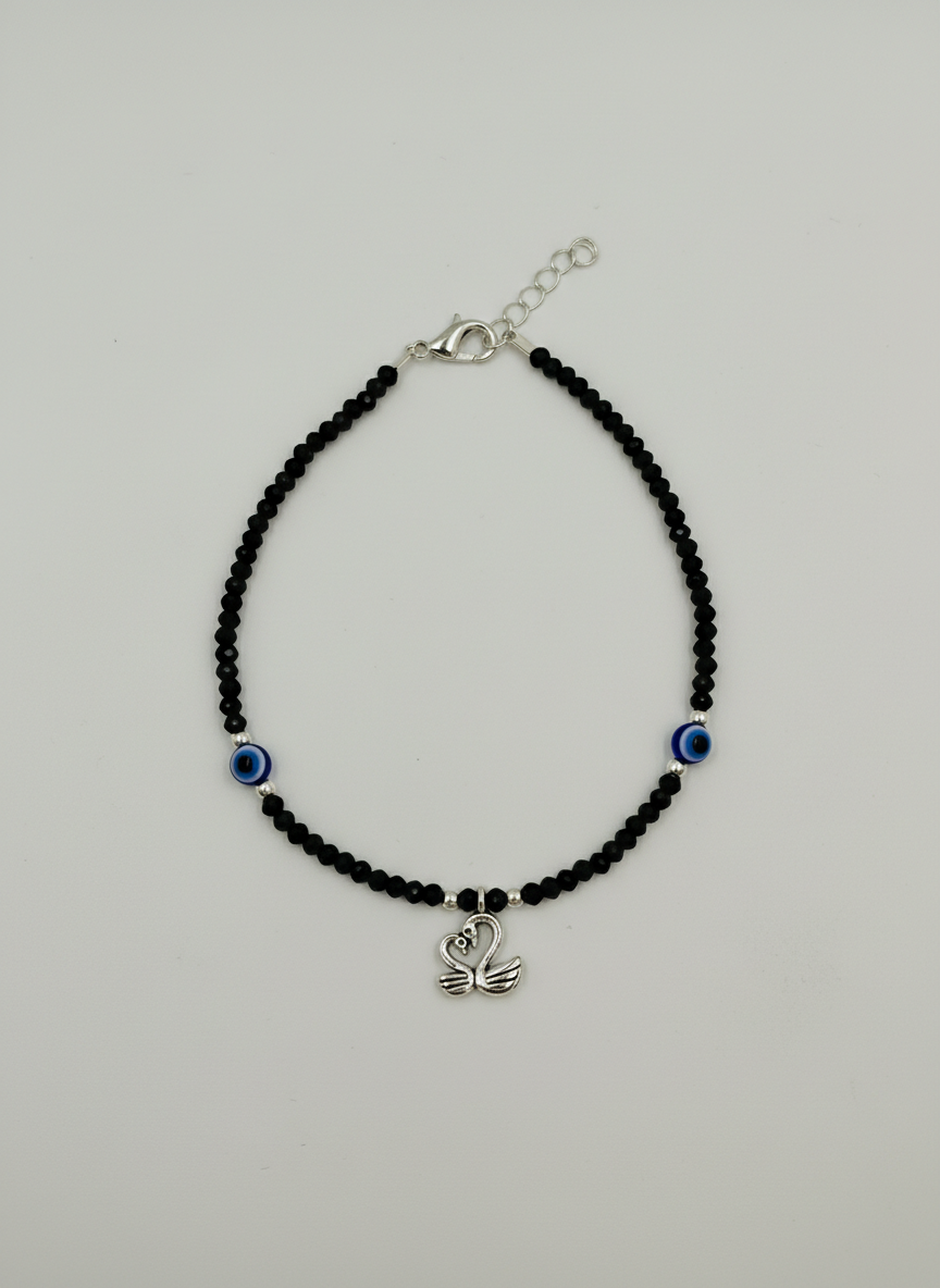 Tending Black Bead Anklet for Girls & Women |Evil Eye Protection | Silver Swan - MVDRAKSR105