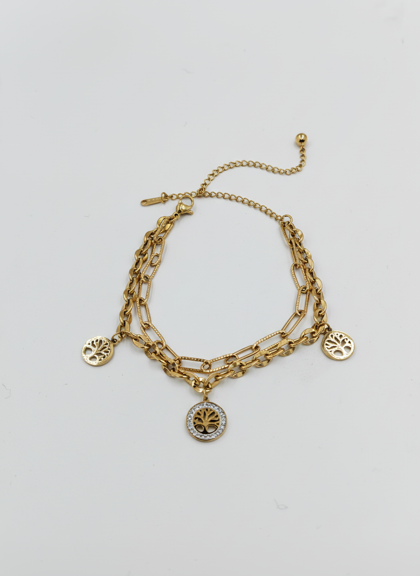 Gold Plated Tree of Life Triple Layered Charm Bracelet for Women and Girls - MVNFBRGD175